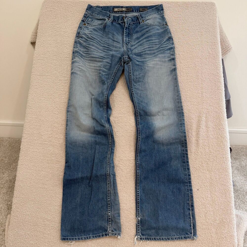 BKE Carter Bootcut Jeans Mens 31 Long Light Wash Distressed Thick Stitch Buckle